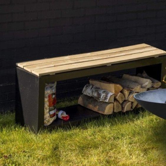 Banc en acier avec siège en bois incurvé - Noir/Beige - L 90,2 x P 37,8 x H 48 cm