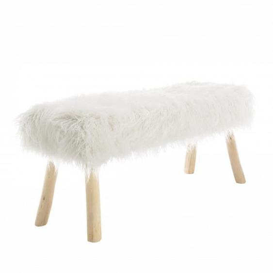 Banc MACABANE CHARLES - 120x40cm - Peau de mouton - Ivoire - Pieds bois naturel
