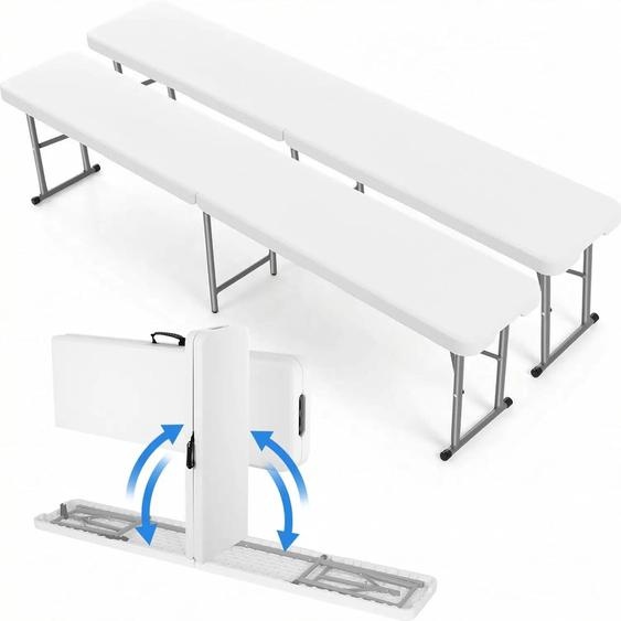 Banc pliable pour jardin et camping - Modèle 2er Set Bierbank - Longueur : 183 cm - Poignée de transport - Assise en plastique HDPE - Structure en acier, capacité de charge : 500 kg - Couleur : blanc