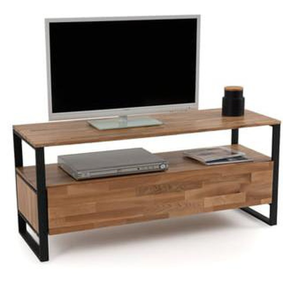 Banc TV, chêne massif abouté et acier, Hiba