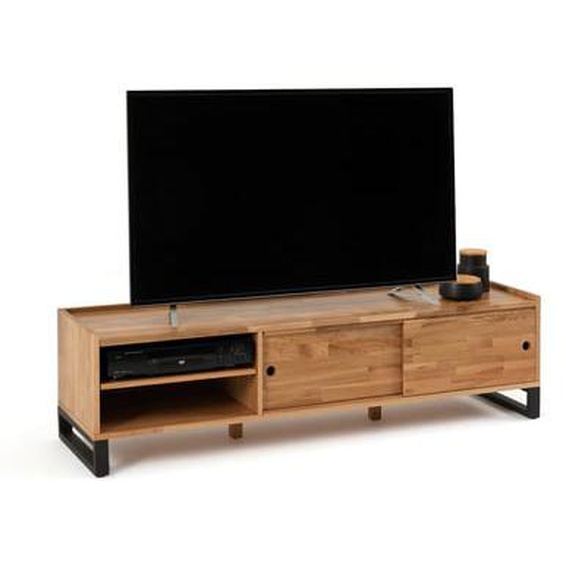 Banc TV, chêne massif abouté et acier, Hiba