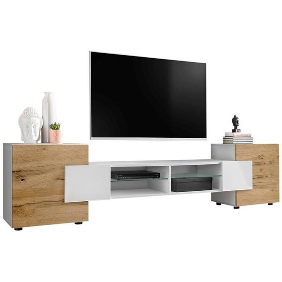 Banc TV Merano Komodee - sans LED - Blanc Blanc Wotan - 230 x 53 x 35 cm