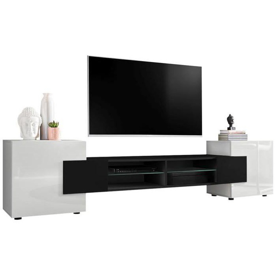 Banc TV Merano Komodee - sans LED - Blanc Noir Blanc - 230 x 53 x 35 cm
