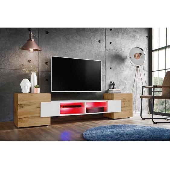 Banc TV Merano Version 1 Komodee - avec eclairage LED RGB - Bois Naturel et Blanc - 230 x 53 x 35 cm