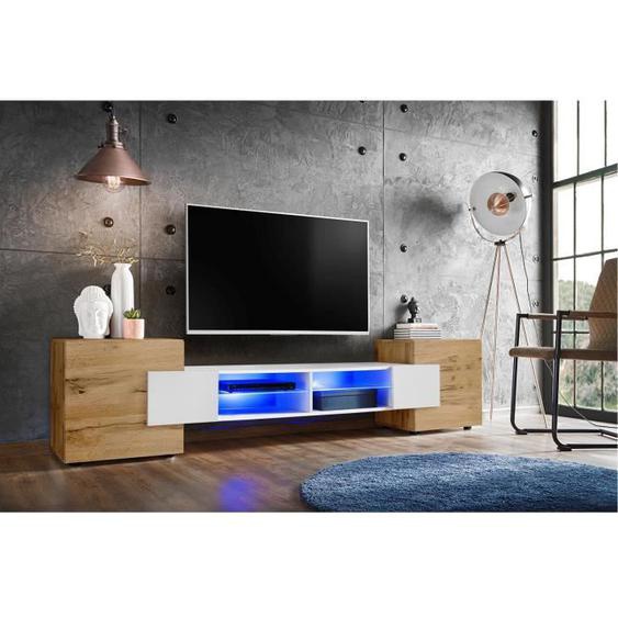Banc TV Merano Version 1 Komodee - LED Bleues - Blanc Brillant et Bois naturel - 230 x 53 x 35 cm