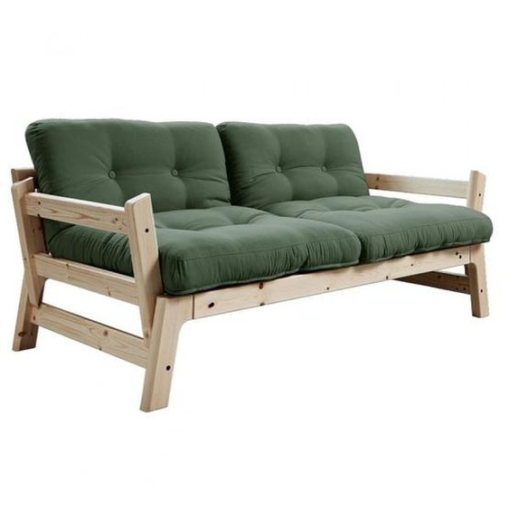 Banquette convertible futon STEP pin massif coloris vert olive couchage 70*200 cm.