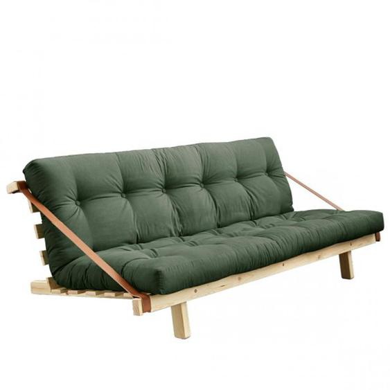 Banquette futon JUMP en pin massif coloris vert olive couchage 130 cm.