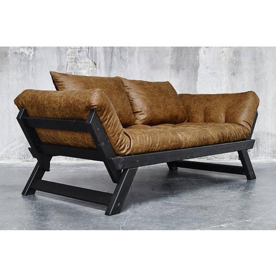 Banquette méridienne BEBOP noire futon en tissu enduit cognac vintage couchage 75*200cm