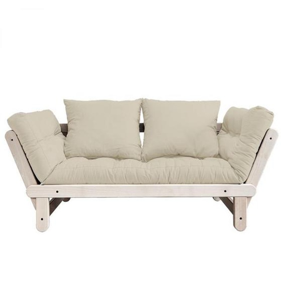 Banquette méridienne futon BEAT pin naturel tissu coloris beige couchage 75*200 cm.