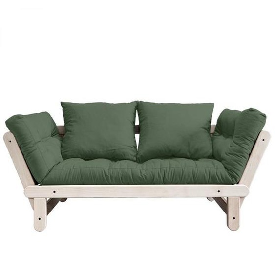 Banquette méridienne futon BEAT pin naturel tissu coloris vert olive couchage 75*200 cm.