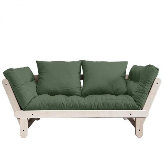 Banquette méridienne futon BEAT pin naturel tissu coloris vert olive couchage 75x200 cm.