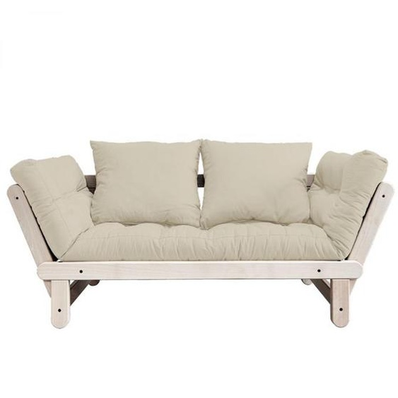 Banquette méridienne futon BEAT pin naturel tissu coloris beige couchage 75x200 cm.