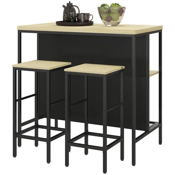 Bar avec 2 tabourets et table - Noir/Chêne | Couleur : Chêne + Noir | Dimensions : 100x60x95 cm