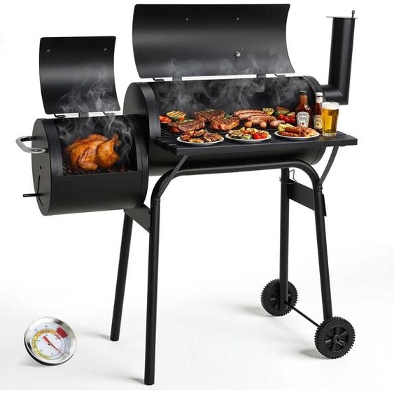 Barbecue à charbon et fumoir 2-en-1 - Chariot barbecue - Barbecue à charbon avec fonction fumoir - Acier émaillé - Surface de cuisson 60 x 26,5 cm - Cheminée, thermomètre, 2 roues