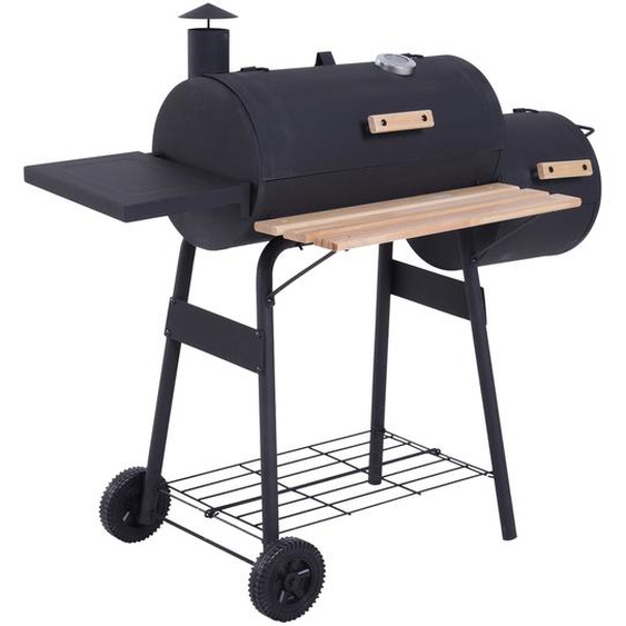 Barbecue à charbon fumoir BBQ grill smoker sur pied avec couvercle, roulettes, thermomètre, étagères  acier laminé à froid noir