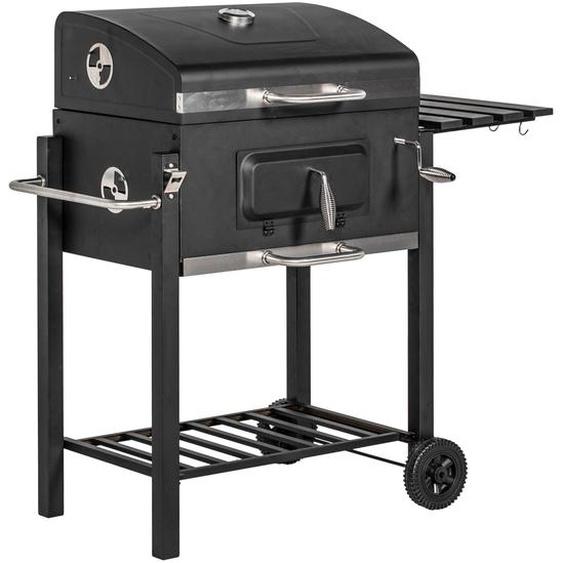 Barbecue à charbon Moonbite, dimensions 113 x 65 x 108 cm, barbecue sur pied avec thermomètre intégré au couvercle, compartiment à charbon accessible par manivelle, grille de maintien au chaud, 2 roues, en acier inoxydable, couleur noire