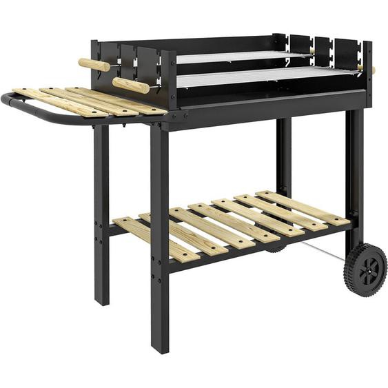 Barbecue à charbon sur pied double grille réglable 2 roues 2 étagères noir