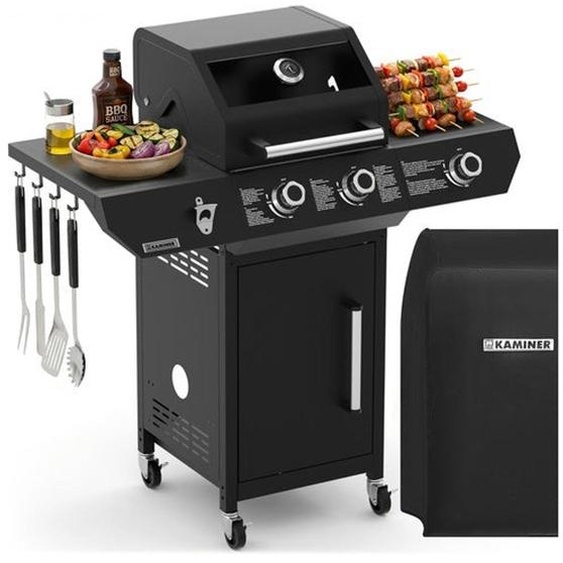 Barbecue à gaz 10 kW, noir, acier inoxydable, rôtissoire