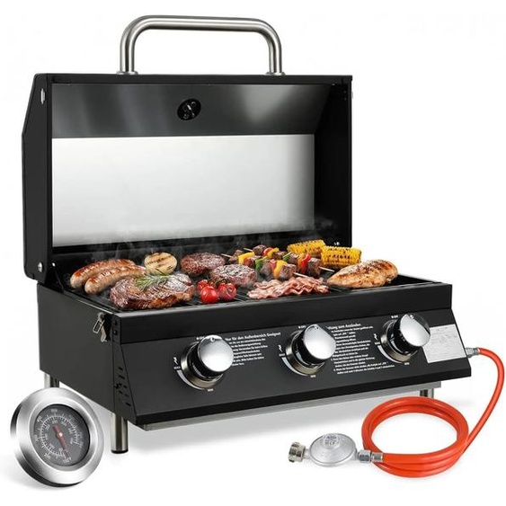 Barbecue à gaz 3 brûleurs - Barbecue de table en acier inoxydable - Thermomètre - Allumage piézoélectrique - Puissance de 6,6 kW - Barbecue de camping portable - Noir