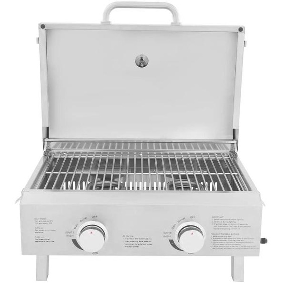 Barbecue à gaz - Barbecue de table à 2 brûleurs en acier inoxydable - Compact - Portable - Pour la terrasse, le balcon, le camping, les pique-niques - Argent