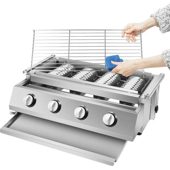 Barbecue à gaz - Barbecue en acier inoxydable - 4 brûleurs, 55,8 x 23,2 cm - Couvercle en acier robuste - Grande grille de cuisson pour terrasse et cuisine dextérieur - Argent