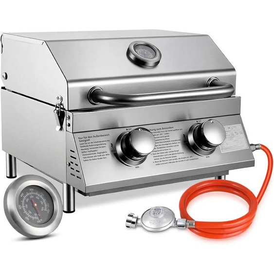 Barbecue à gaz de table - Barbecue de camping à 2 brûleurs - Acier inoxydable 4,4 kW avec allumage piézoélectrique et protection contre la surpression - Surface de cuisson 42 x 33 cm avec couvercle et thermomètre - Argent
