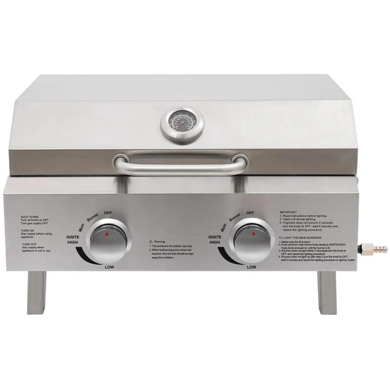 Barbecue à gaz dextérieur - Barbecue à gaz portable avec 2 brûleurs - Acier inoxydable - Chauffage rapide et peu de fumée - Brûleurs en forme de U - Argent