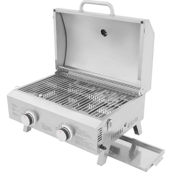 Barbecue à gaz en acier inoxydable - Barbecue de table - 2 brûleurs - Allumage piézoélectrique - Gaz liquéfié uniquement (GPL) - Portable pour le camping - Brossé 430/304 - Gris clair