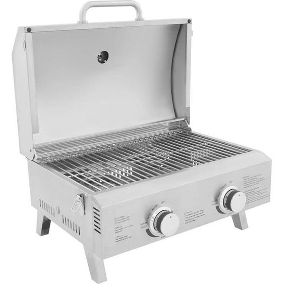 Barbecue à gaz - Gril portable - GPL - 2 brûleurs - pliable - acier inoxydable - Camping/Picnic/Caravane - Silver