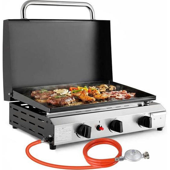 Barbecue à gaz Plancha - 3 brûleurs - Avec couvercle - Gaz naturel - Allumage piézoélectrique - Acier inoxydable émaillé porcelaine - 7,2 kW (24 566 BTU) - Blanc