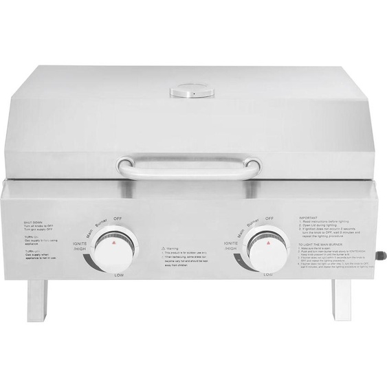 Barbecue à gaz pliable à 2 brûleurs - Barbecue portable en acier inoxydable - Avec régulateur de pression de gaz - Argent