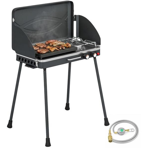 Barbecue à gaz portable - 2 en 1 : barbecue de table et barbecue sur pied - 7 kW - Gaz propane - Grande plaque de cuisson - Pieds amovibles - Noir