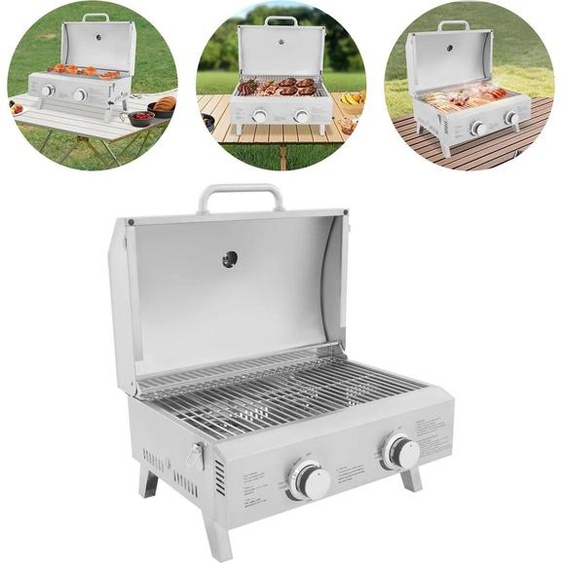 Barbecue à gaz portable - Barbecue de table - 2 brûleurs - Allumage piézoélectrique - Pieds pliables - Acier inoxydable 430/304 - Gaz de pétrole liquéfié (GPL) uniquement - Gris