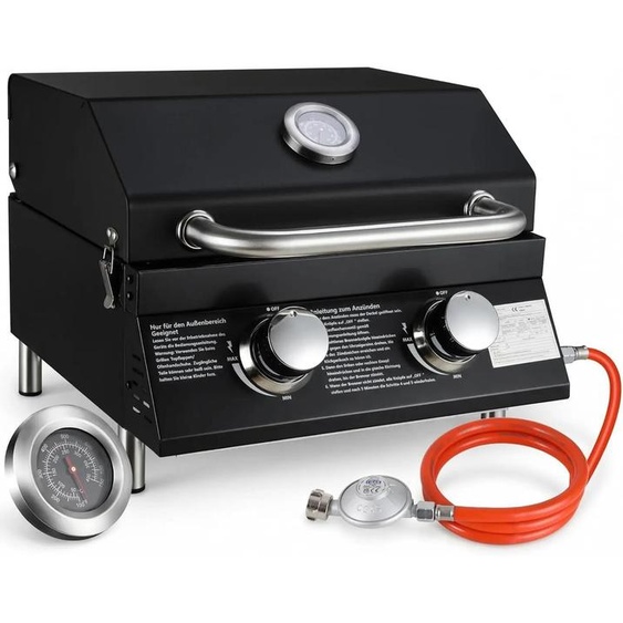 Barbecue à gaz portable - Barbecue de table à 2 brûleurs - Puissance 4,4 kW - Acier inoxydable chromé - Surface de cuisson 42 x 33 cm - Couvercle avec thermomètre - Noir