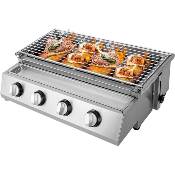 Barbecue à gaz portable - Barbecue de table à 4 brûleurs - Acier inoxydable - Réglable en hauteur - Sans fumée - Gris clair