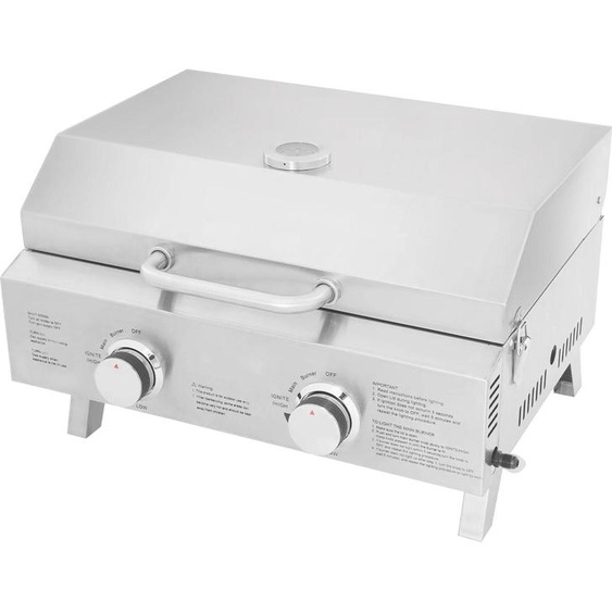 Barbecue à gaz portable en acier inoxydable brossé - Barbecue de table à 2 brûleurs - Pliable - Pour lextérieur - 55,8 x 45 x 38 cm - Argent
