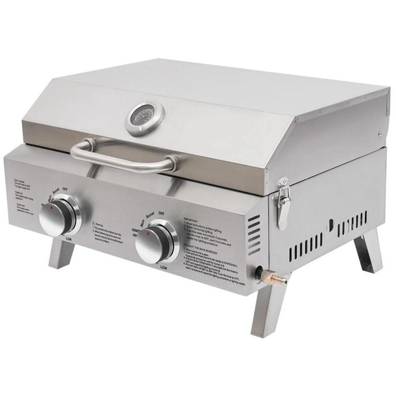 Barbecue à gaz portable pour table – Grill pliable – Double brûleur – Thermomètre – Acier inoxydable, idéal pour le camping et la terrasse – Argenté