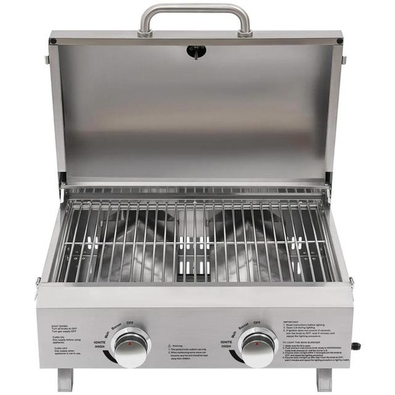 Barbecue à gaz propane pour lextérieur - Grill de table portable à 2 brûleurs - Acier inoxydable - Pied pliable - Pierre à pizza - Thermomètre et allumage piézoélectrique - Argent