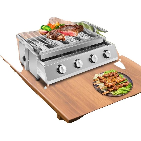 Barbecue, acier inoxydable, 4 brûleurs, hauteur réglable, compatible GPL, 58 x 40 x 20 cm