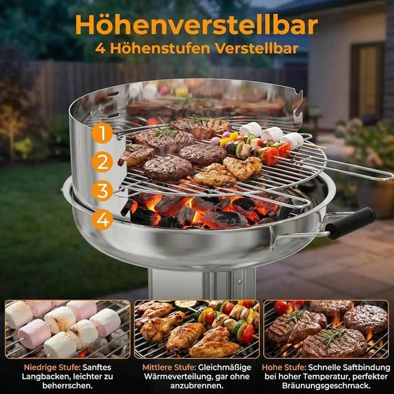 Barbecue au charbon de bois - Barbecue à colonne Barbecue à entonnoir - Résistant aux intempéries, en acier inoxydable - Grille chromée réglable en hauteur - Bac à cendres - Aération - Allumage piézoélectrique - Vert