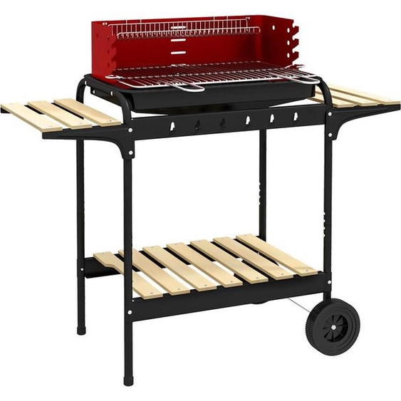 Barbecue au charbon de bois - Chariot - Grille réglable en hauteur - Avec roulettes - Fer - Rouge