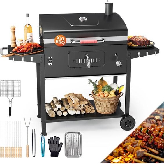 Barbecue au charbon de bois Devoko XXL, 2 zones, thermomètre intégré, roues latérales, barbecue dextérieur