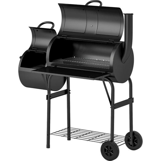 Barbecue au charbon de bois en acier avec couvercle, thermomètre, roulettes et tablette, chariot à barbecue mobile avec système daération et bac à charbon, chariot à barbecue au charbon de bois