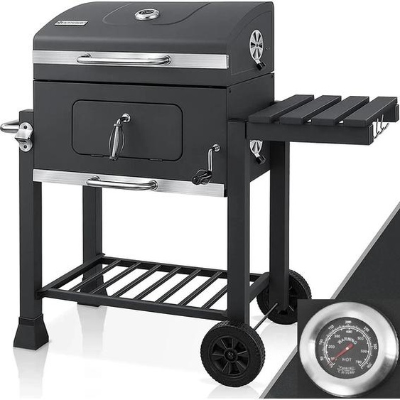 Barbecue au charbon de bois - Fumoir - Chariot de barbecue de taille moyenne - Table latérale pliante - Poignée - Acier avec revêtement en poudre - Idéal pour la terrasse et le jardin