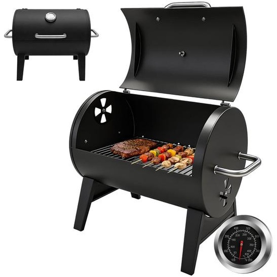 Barbecue au charbon de bois, modèle en forme de fût, avec thermomètre, dimensions 43x32 cm, surface de cuisson en métal