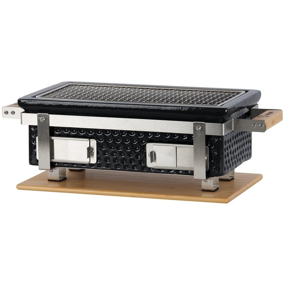 Barbecue au charbon de bois, modèle table, en céramique, couleur noire, dimensions : 50 x 23 x 17 cm. Fonctionne au charbon de bois