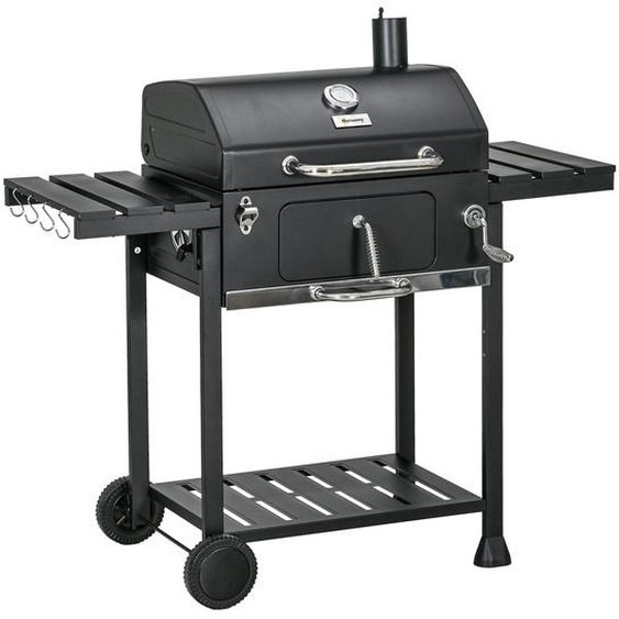 Barbecue au charbon de bois Moonbite, chariot de 120 x 64 x 114 cm, avec 2 grilles, système de réglage de la hauteur du charbon par manivelle, étagères rabattables et 8 crochets, en acier inoxydable, couleur noire