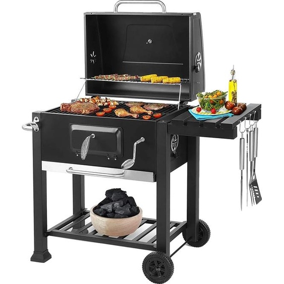 Barbecue au charbon de bois, plaque de charbon de bois réglable en hauteur, grande surface de cuisson, design facile à déplacer