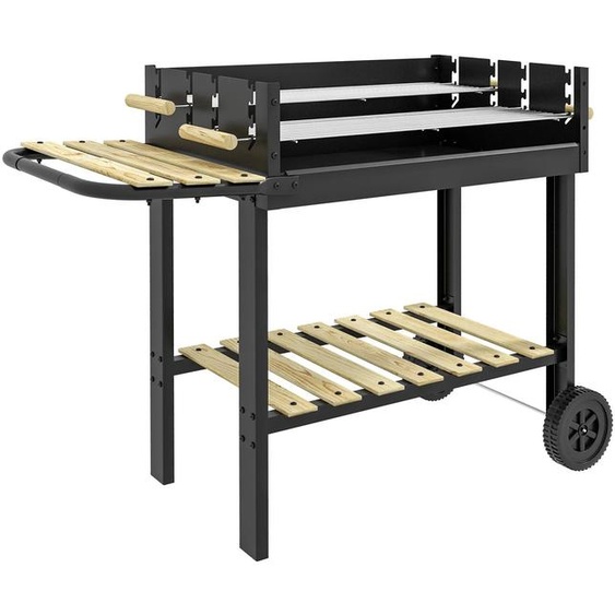 Barbecue au charbon de bois pour jardin - Chariot de barbecue 113x53,5x82,5 cm - 2 grilles réglables en hauteur - Table latérale - Étagère inférieure - Roues - Structure en fer avec revêtement époxy - Noir