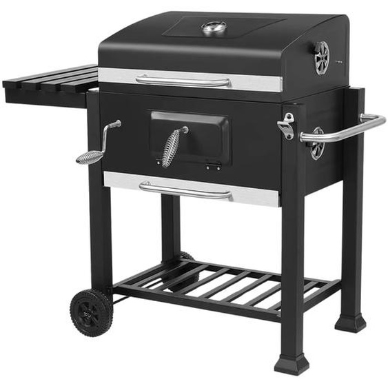 Barbecue au charbon de bois sur roulettes – Pour 5 à 10 personnes – Chariot barbecue XXL – Avec couvercle, 3 grilles et plaque à charbon réglable – Pour le jardin et le camping